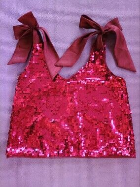 Maeve Anthropologie Pink Red Sequin Bow Strap Tank Top Medium Party Holiday